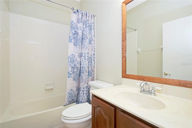 full bathroom with vanity, toilet, and shower / bathtub combination with curtain