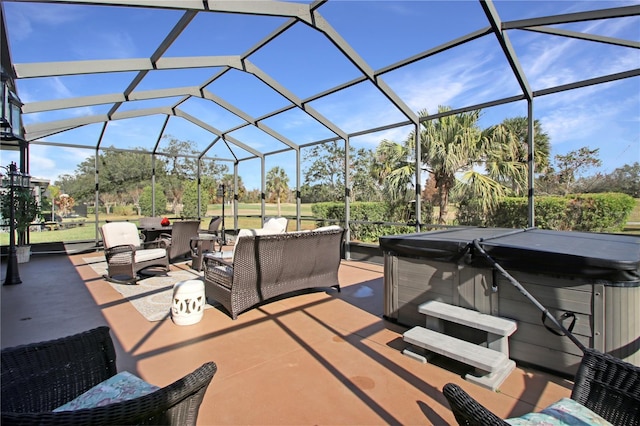 view of patio with a lanai, an outdoor living space, and a hot tub