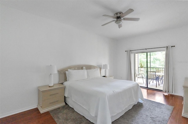 bedroom featuring ceiling fan, dark hardwood / wood-style floors, and access to exterior