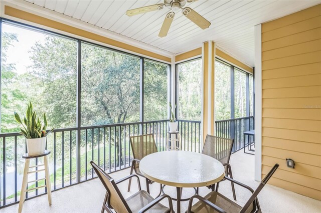 sunroom with wood ceiling and ceiling fan