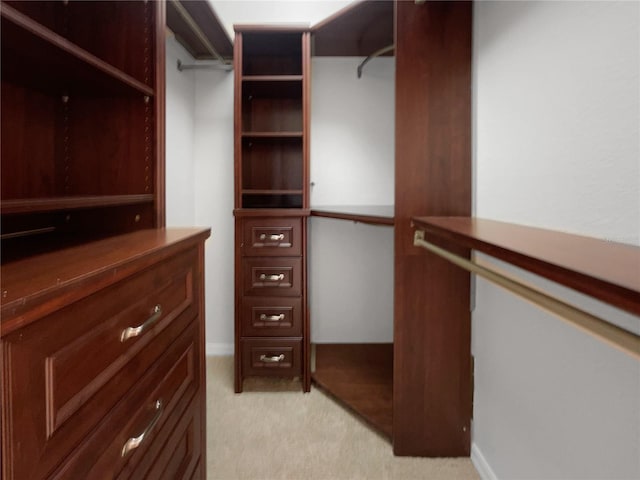 walk in closet featuring light carpet