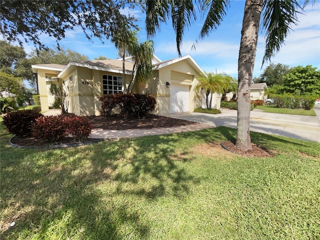 single story home featuring a front yard and a garage