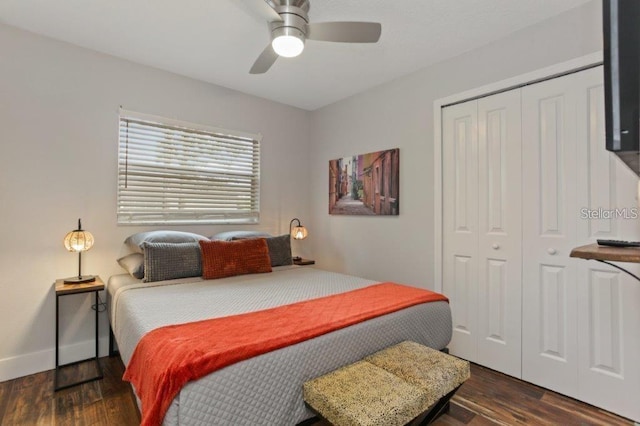 bedroom featuring dark hardwood / wood-style flooring, ceiling fan, and a closet