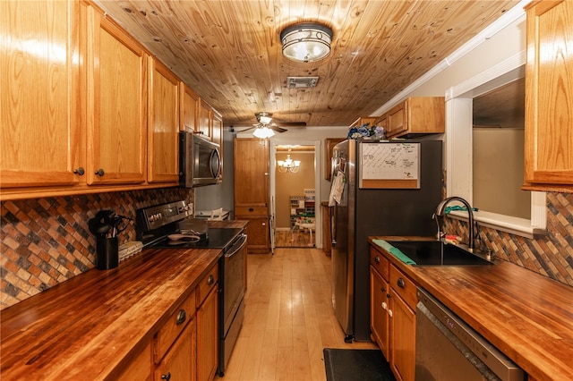 kitchen with appliances with stainless steel finishes, backsplash, butcher block counters, light wood-type flooring, and sink