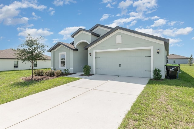 single story home with a garage and a front yard