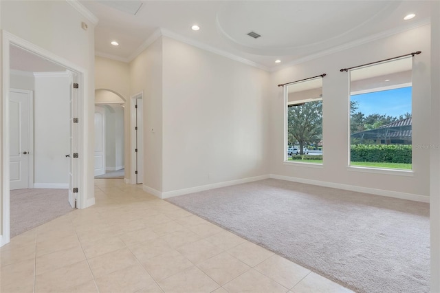 spare room with light carpet and crown molding