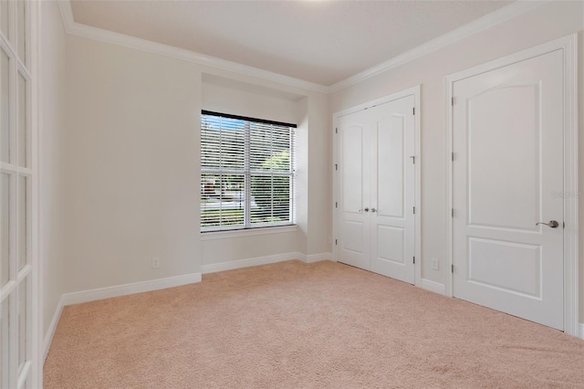 interior space featuring light carpet and crown molding