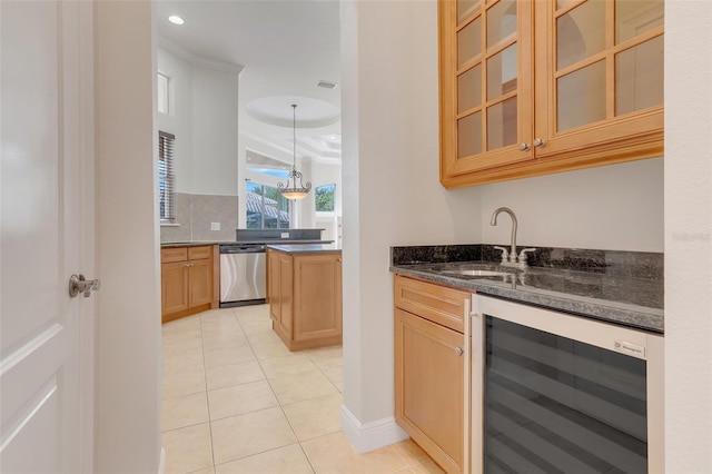 kitchen featuring hanging light fixtures, wine cooler, dishwasher, light tile patterned floors, and dark stone counters