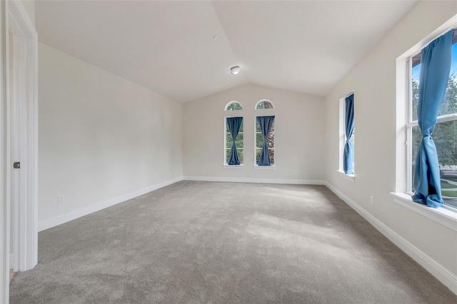 unfurnished room with vaulted ceiling, carpet, and a healthy amount of sunlight