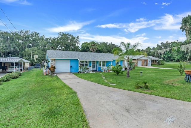 single story home featuring a garage and a front lawn