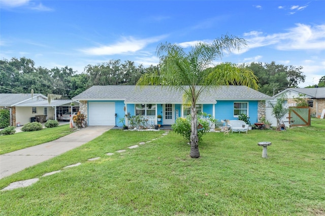 single story home featuring a garage, covered porch, and a front lawn