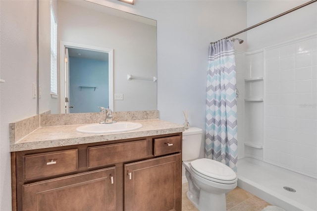 bathroom with walk in shower, vanity, toilet, and tile patterned floors