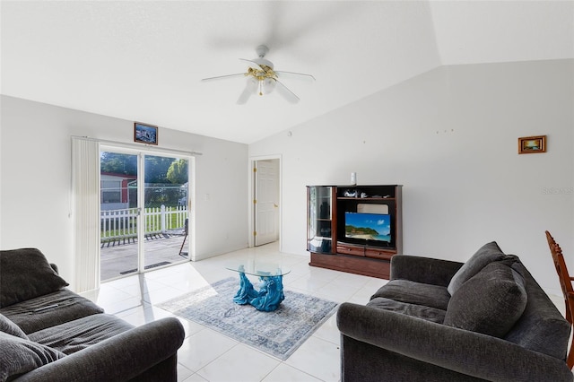 148 Merida Dr, Kissimmee, FL 34743 - living area with vaulted ceiling, light tile patterned floors, and ceiling fan