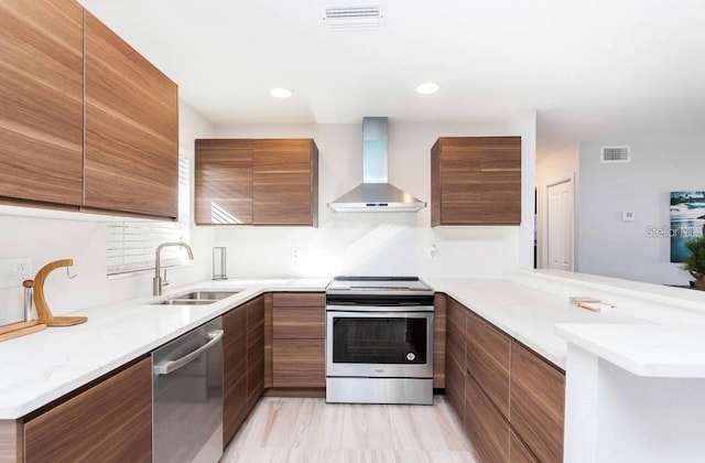 kitchen featuring light stone counters, wall chimney exhaust hood, kitchen peninsula, stainless steel appliances, and sink