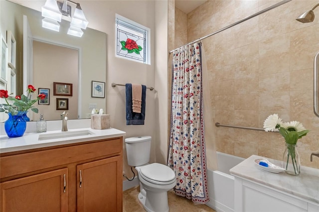 full bathroom with vanity, toilet, and shower / tub combo with curtain