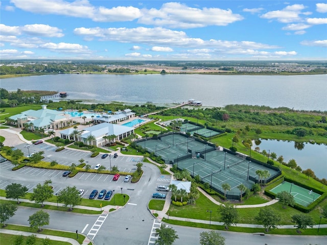 aerial view featuring a water view