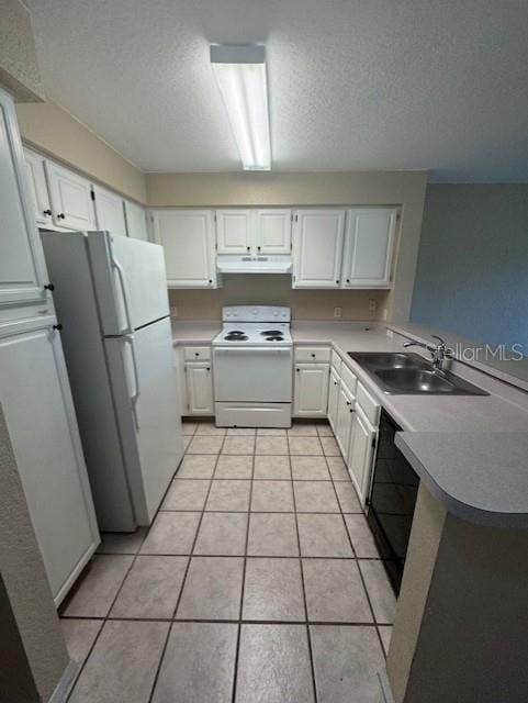 kitchen with white cabinets, white appliances, light tile patterned floors, a textured ceiling, and sink