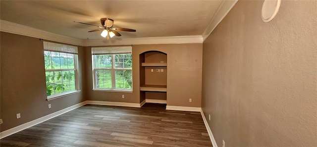 unfurnished room featuring ornamental molding, dark wood-type flooring, and ceiling fan