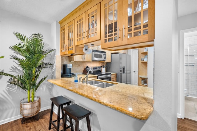 kitchen with stainless steel appliances, decorative backsplash, a sink, dark wood-style floors, and light stone countertops