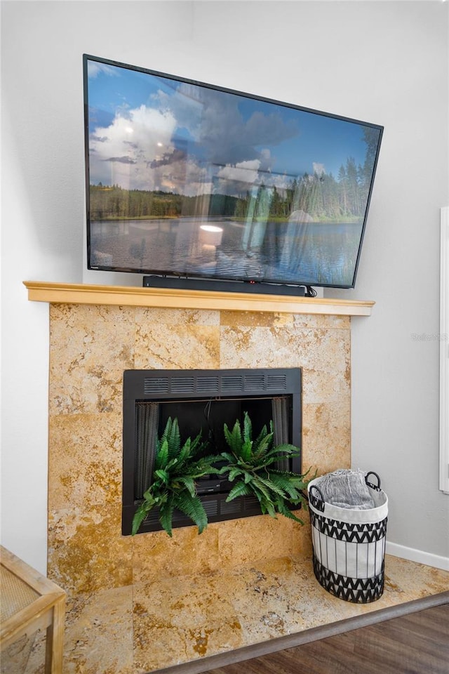 details with baseboards, a fireplace, and wood finished floors