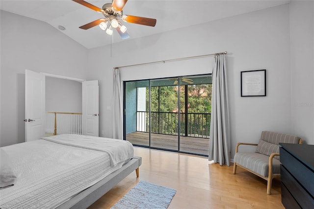 bedroom with ceiling fan, access to exterior, lofted ceiling, and light wood-type flooring