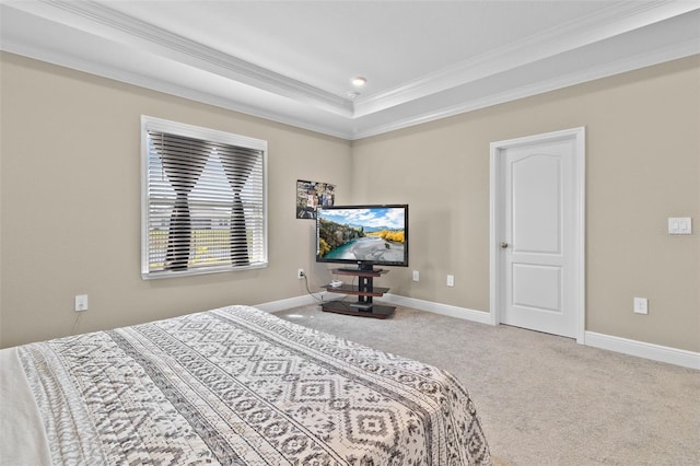 carpeted bedroom featuring ornamental molding