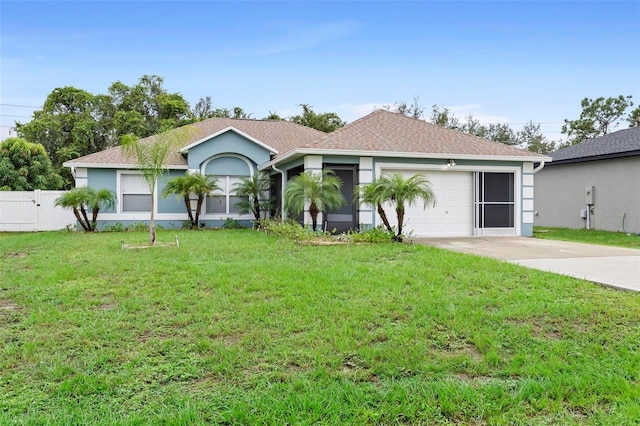 ranch-style house featuring a front yard and a garage