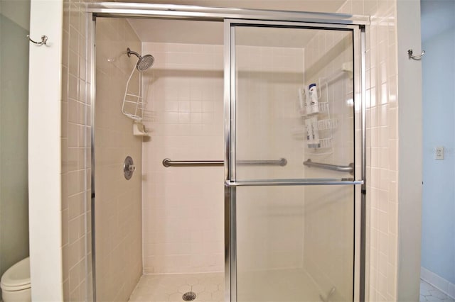 bathroom featuring a stall shower and toilet