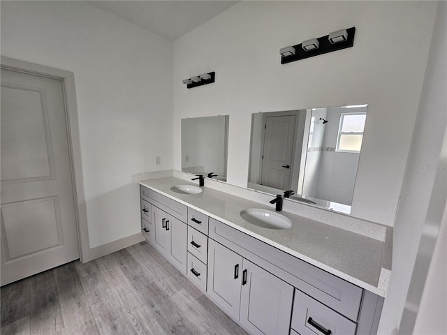 bathroom with vanity and wood-type flooring