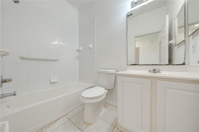 full bathroom with tile patterned flooring, tiled shower / bath combo, vanity, and toilet