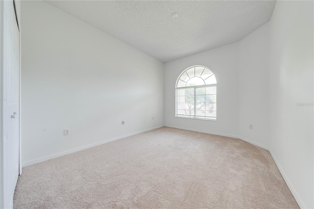 carpeted spare room with a textured ceiling and lofted ceiling