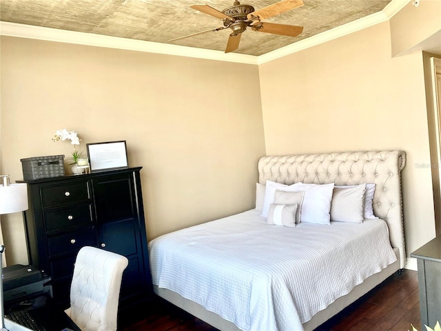 bedroom featuring crown molding, ceiling fan, and dark wood-type flooring