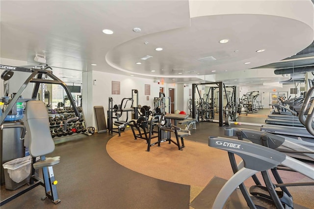 workout area featuring a raised ceiling