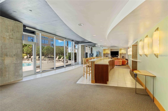 living room featuring light carpet and expansive windows