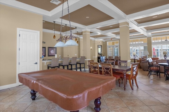 playroom with pool table, beamed ceiling, coffered ceiling, and light tile patterned floors