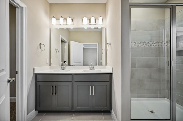 bathroom with tile patterned flooring, vanity, and walk in shower