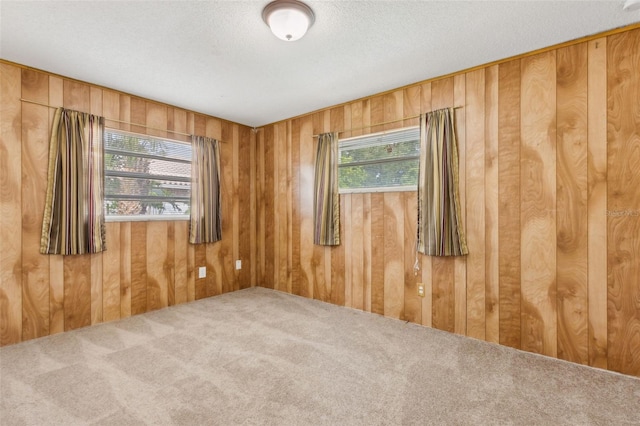 carpeted empty room featuring a textured ceiling and wooden walls