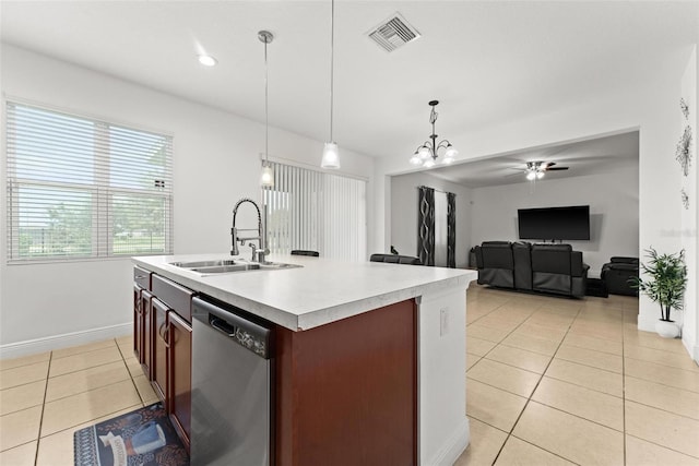 kitchen with pendant lighting, a kitchen island with sink, sink, ceiling fan with notable chandelier, and stainless steel dishwasher