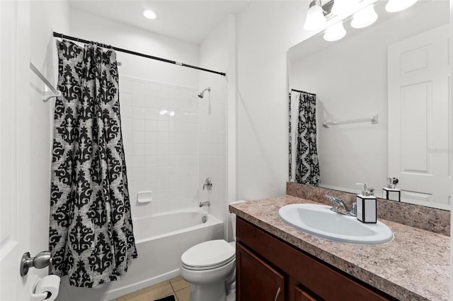 full bathroom with vanity, tile patterned flooring, toilet, and shower / bathtub combination with curtain