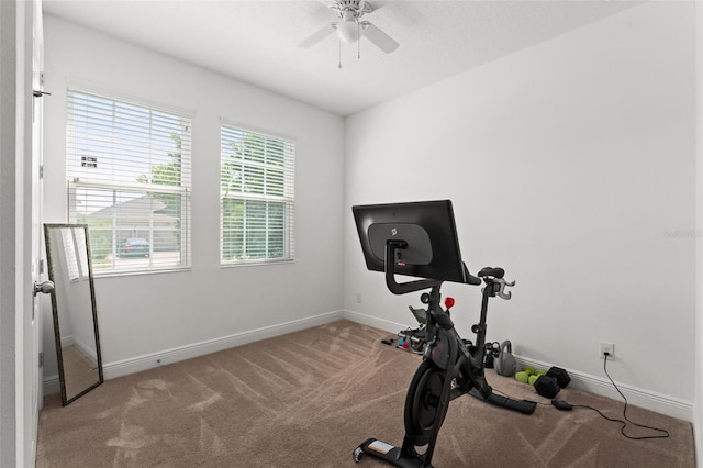 exercise room featuring ceiling fan and light carpet