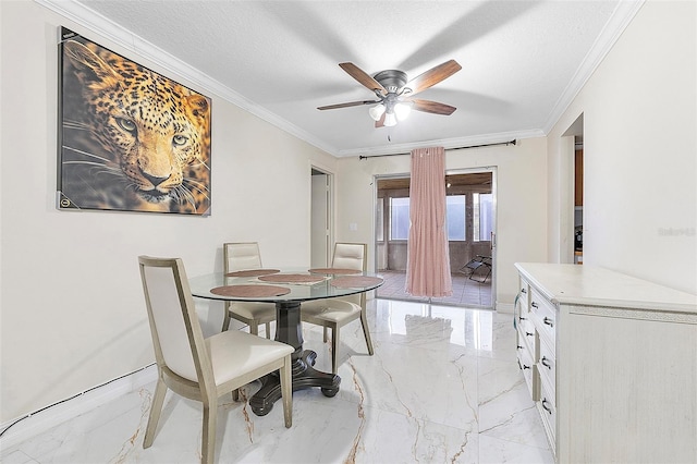 dining area with ceiling fan, a textured ceiling, and crown molding