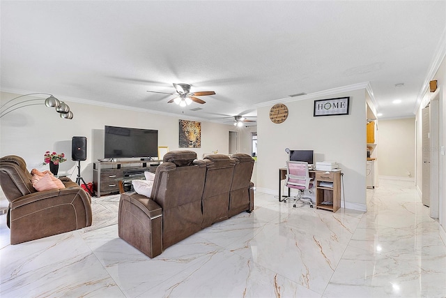 living room with ceiling fan, a textured ceiling, and ornamental molding