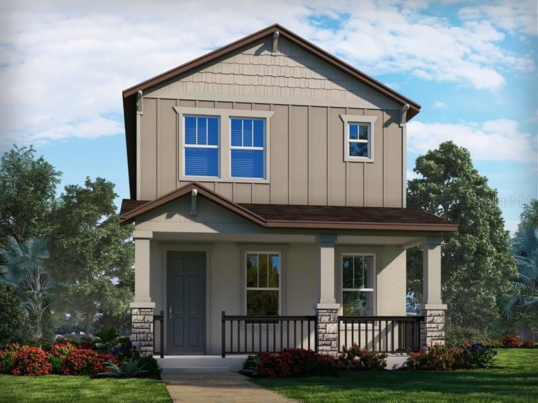 craftsman-style house with board and batten siding, a porch, stone siding, and a front yard