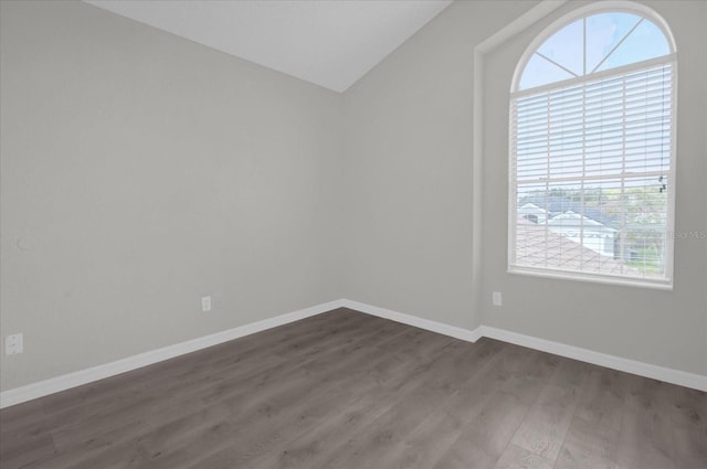 unfurnished room featuring vaulted ceiling, plenty of natural light, and dark hardwood / wood-style flooring