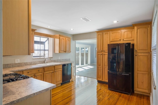 kitchen featuring black appliances, light hardwood / wood-style flooring, and sink