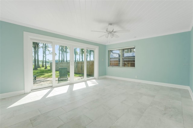 spare room with light tile patterned floors, crown molding, ceiling fan, and wood ceiling