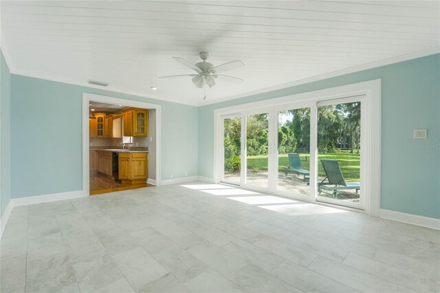 unfurnished living room with ornamental molding, wood ceiling, sink, and ceiling fan