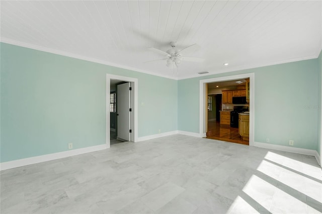 unfurnished room featuring ornamental molding, ceiling fan, and wood ceiling