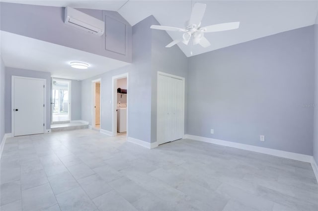 spare room with high vaulted ceiling, ceiling fan, and a wall mounted air conditioner