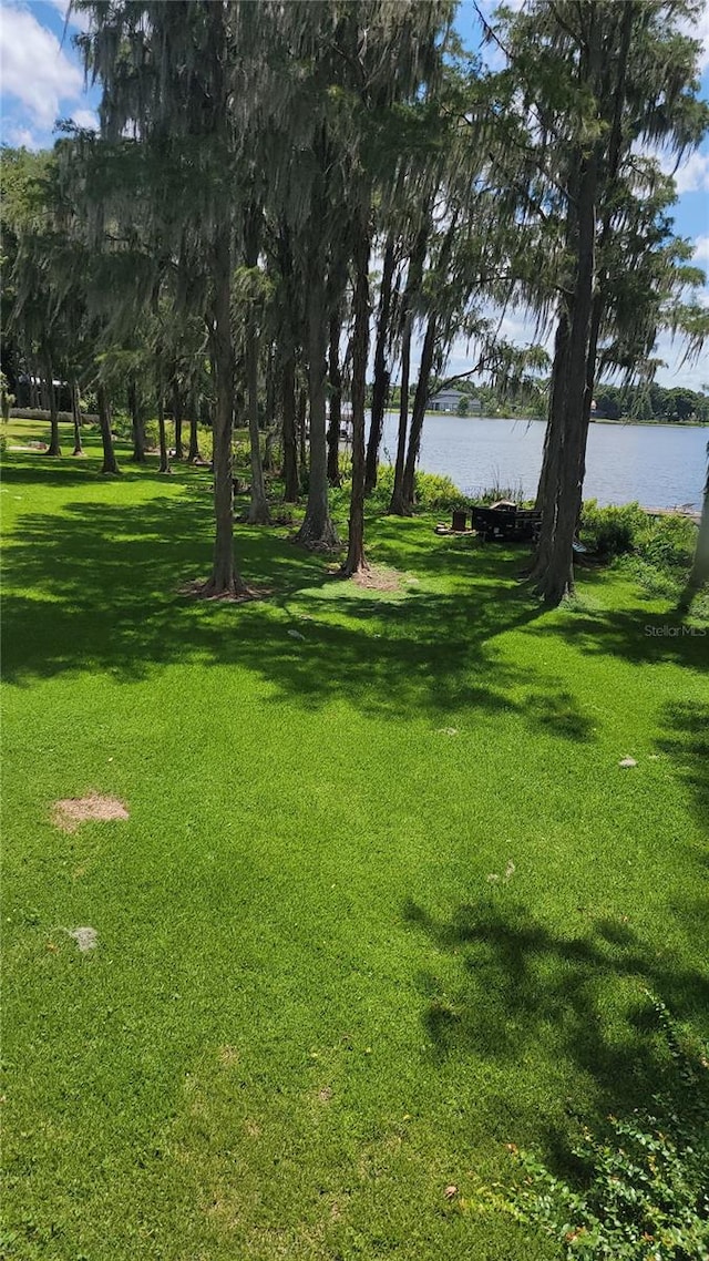 view of community with a water view and a yard